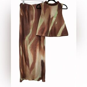 Brown and Green Abstract Matching Skirt and Top Set